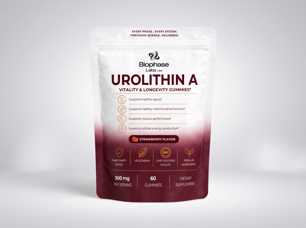 Biophase Labs Urolithin A Gummies stand-up pouch with white-to-burgundy gradient