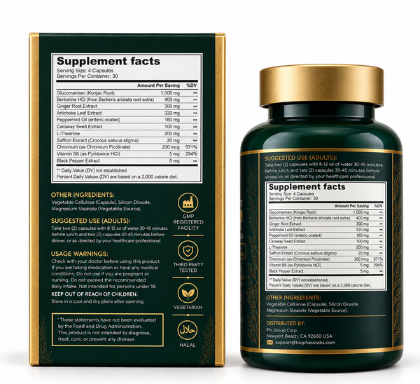 Complete GLP Support Formula dark green bottle and gold box, showing Supplement Facts, suggested use and warnings