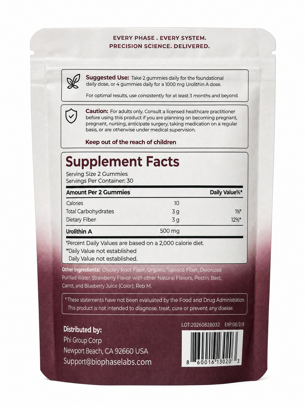 Biophase Labs Urolithin A Gummies, 500 mg per serving, 60 strawberry gummies